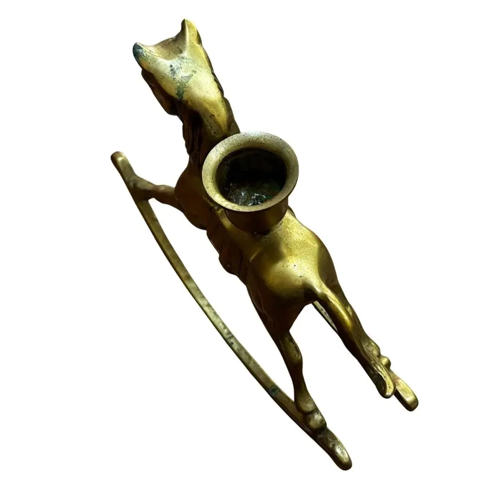 Vintage brass candle stick holder rocking horse whimsy festive holiday decor